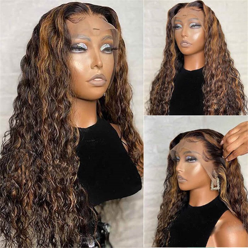 #4/30 Water Wave Highlight Hd Lace Front Human Hair Wigs Pre Plucked Fast Shipping