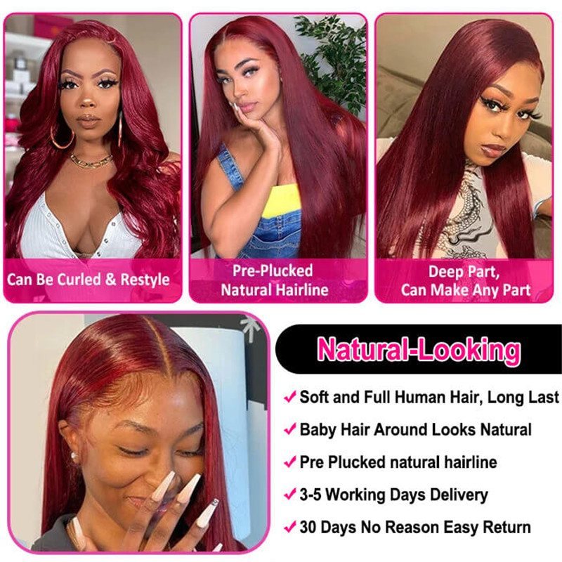 13X6 Hd Lace Front Wig Human Hair Wigs 99J Red Burgundy Pre-Plucked Remy Human Hair Deep Part Wigs