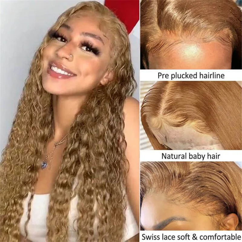 Honey Blonde 13X4 Hd Lace Front Wig Deep Wave #27 Colored Human Hair Wigs 4X4 Closure Wig For African American