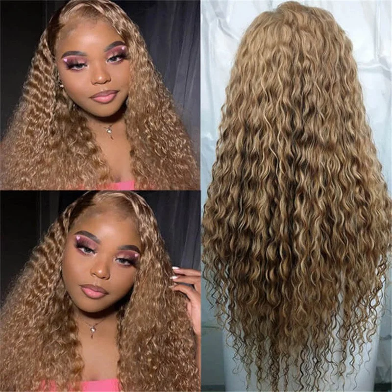 Honey Blonde 13X4 Hd Lace Front Wig Deep Wave #27 Colored Human Hair Wigs 4X4 Closure Wig For African American