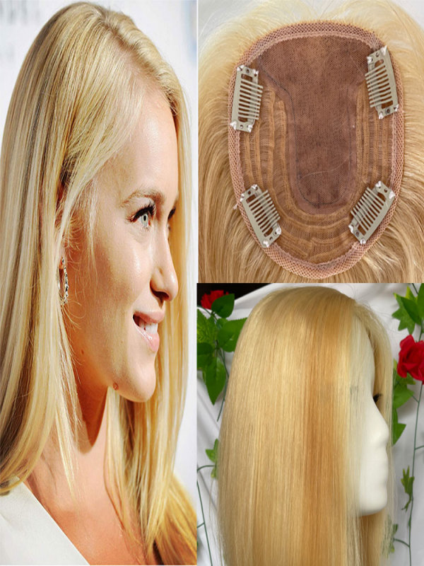 613 Blonde Straight Lace Closure Human Hair Silk Base Top Closure Topper For Women Hair Pieces Clip in Crown Middle Part Closrue 16Inch