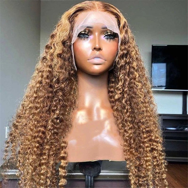 4/27 Curly Highlight Hd Lace Front Human Hair Wigs Pre Plucked Color Wig For African American
