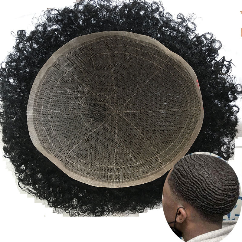 Mens Wigs Human Hair Curly Man Unit 8x10inch Afro Curl Toupee for Black Men Swiss Lace Hair System 360 Weave Men Toupee Hair Wig