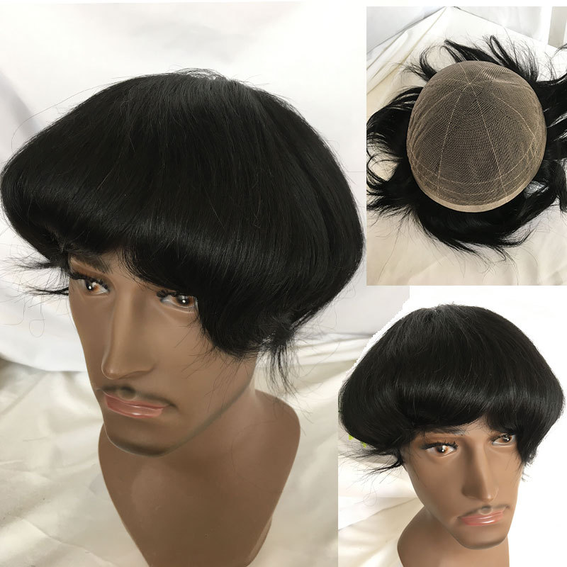 Swiss Full Lace Men's Toupee 1B Black Color 100%Remy Human Hair Toupee For Men 8*10Inch French Lace Mens Wigs Hair System Stock