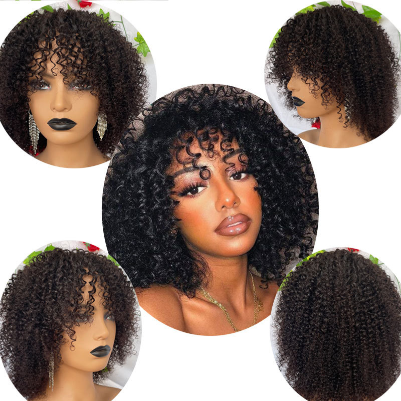 Curly Afro Wigs with Bangs Short Wigs Curly Black Wig Human Hair kinky Curly Full Machine Made Wigs for Black Women 180% Density