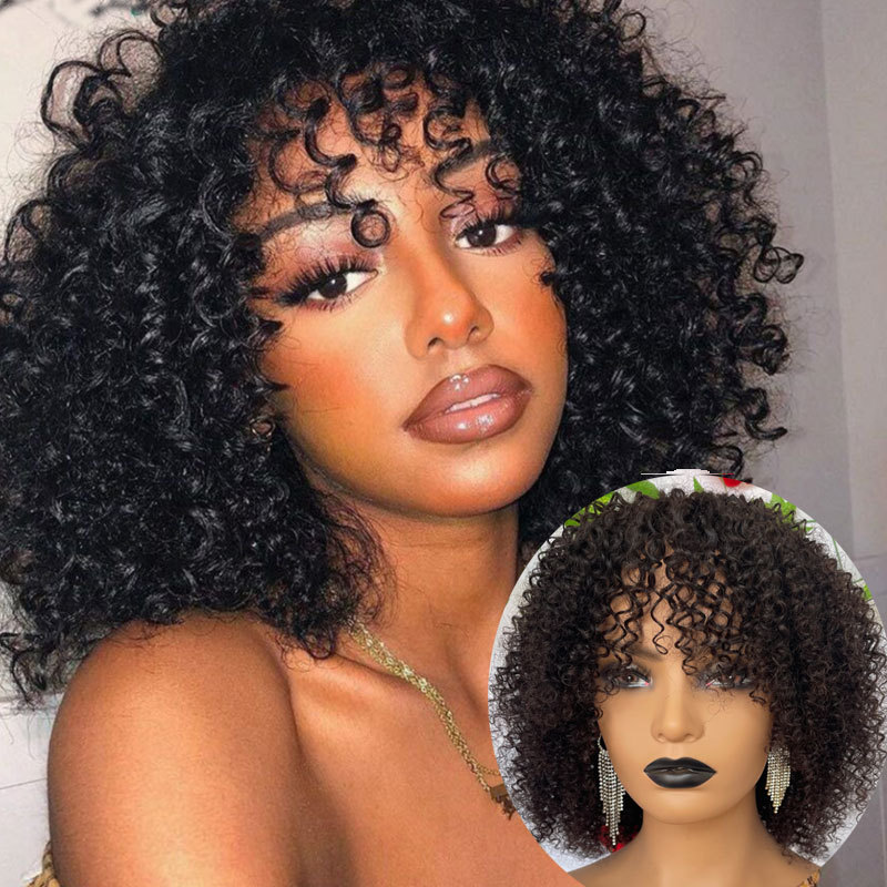 Curly Afro Wigs with Bangs Short Wigs Curly Black Wig Human Hair kinky Curly Full Machine Made Wigs for Black Women 180% Density
