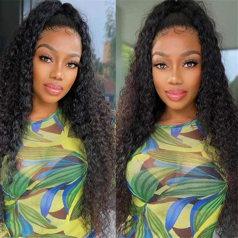 360 Lace Frontal Kinky Curly 150% Density Natural Hairline Beach Curl Human Hair Wigs