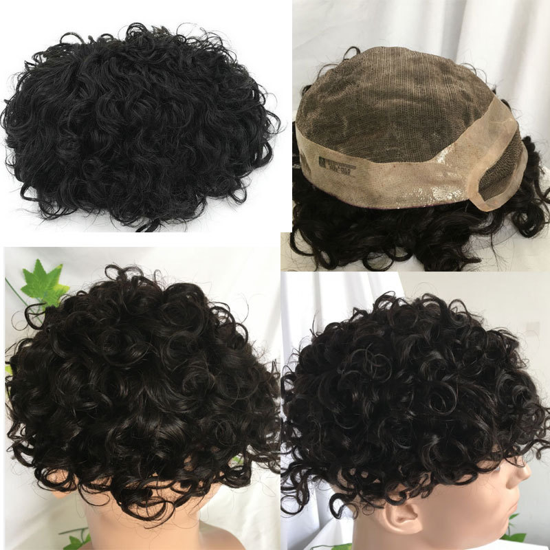 Pwigs 100% Human Hair Toupee for Men HairPieces Men Wigs Curly Hair Lace Frontal Mono Lace Top 8*10 20MM Man Hair Toupee Natural Black