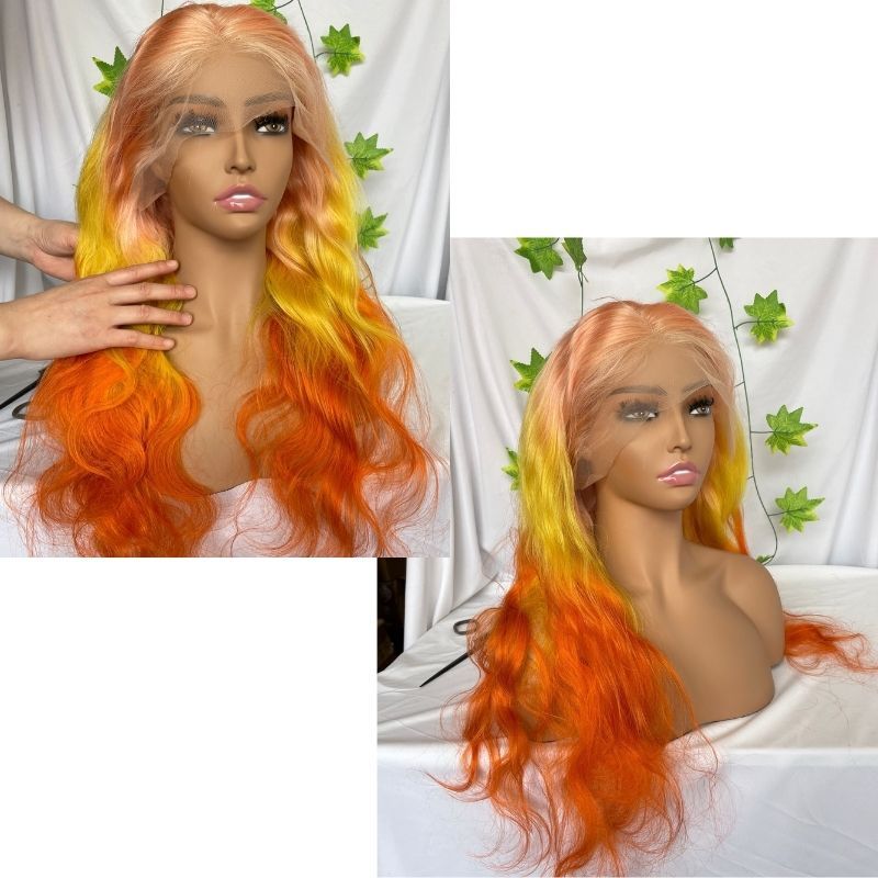 Body Wave Ombre Pink Yellow Orangered Human Virgin Hair Pre Plucked Lace Front Wig For Black Woman Lace Front Wig Brazilian Remy Human Straight Hair