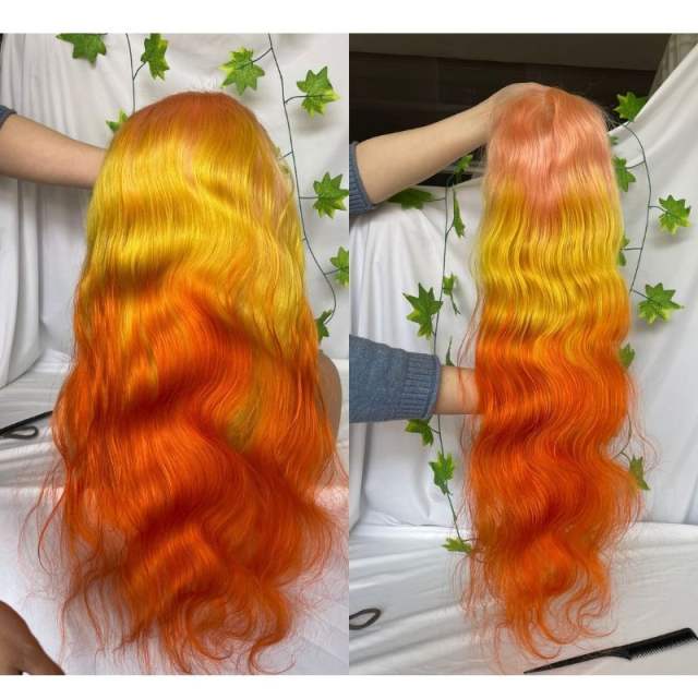 Body Wave Ombre Pink Yellow Orangered Human Virgin Hair Pre Plucked Lace Front Wig For Black Woman Lace Front Wig Brazilian Remy Human Straight Hair