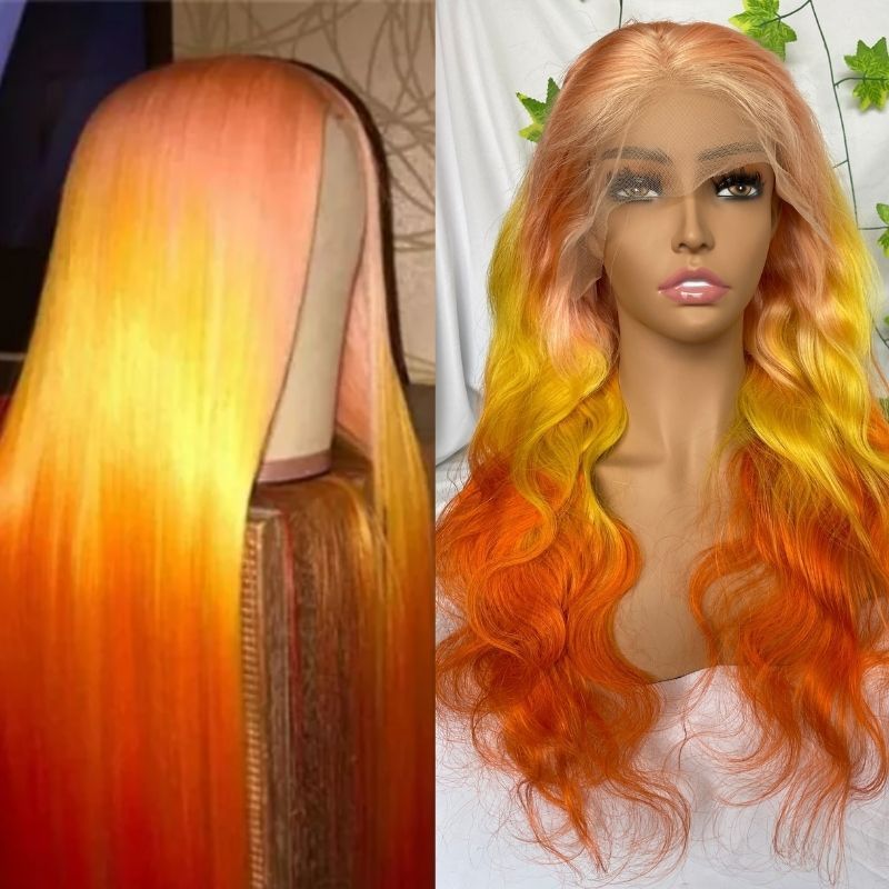 Body Wave Ombre Pink Yellow Orangered Human Virgin Hair Pre Plucked Lace Front Wig For Black Woman Lace Front Wig Brazilian Remy Human Straight Hair