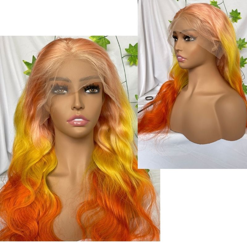 Body Wave Ombre Pink Yellow Orangered Human Virgin Hair Pre Plucked Lace Front Wig For Black Woman Lace Front Wig Brazilian Remy Human Straight Hair