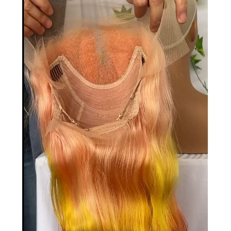 Body Wave Ombre Pink Yellow Orangered Human Virgin Hair Pre Plucked Lace Front Wig For Black Woman Lace Front Wig Brazilian Remy Human Straight Hair