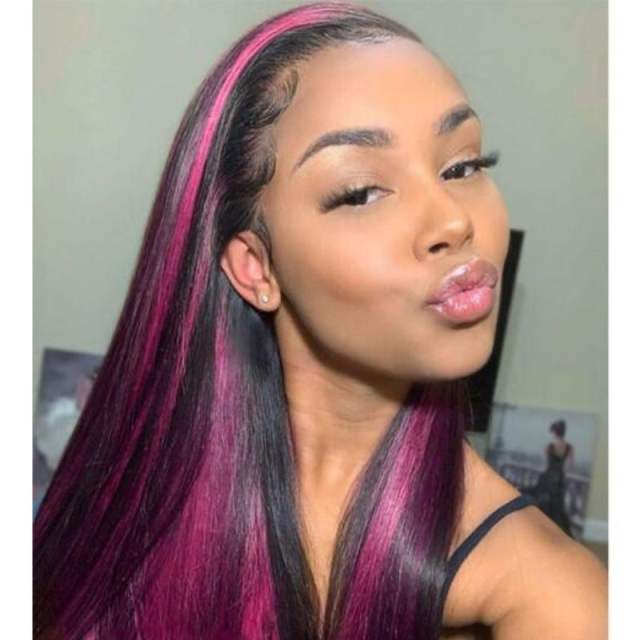 Purple and Natural Black Highlight Wig Pre Plucked Straight Lace Front Wig Brazilian Highlight Colored Human Hair Lace Front Wigs 150% Hair