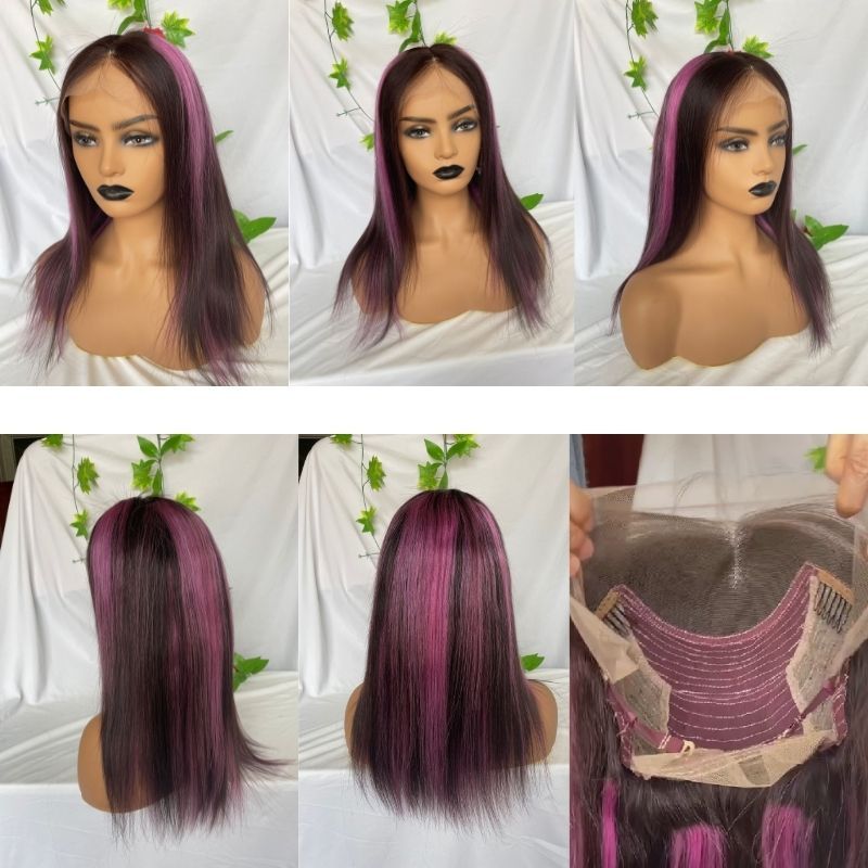 Purple and Natural Black Highlight Wig Pre Plucked Straight Lace Front Wig Brazilian Highlight Colored Human Hair Lace Front Wigs 150% Hair