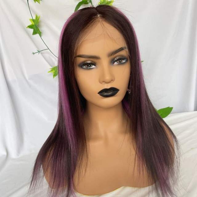 Purple and Natural Black Highlight Wig Pre Plucked Straight Lace Front Wig Brazilian Highlight Colored Human Hair Lace Front Wigs 150% Hair