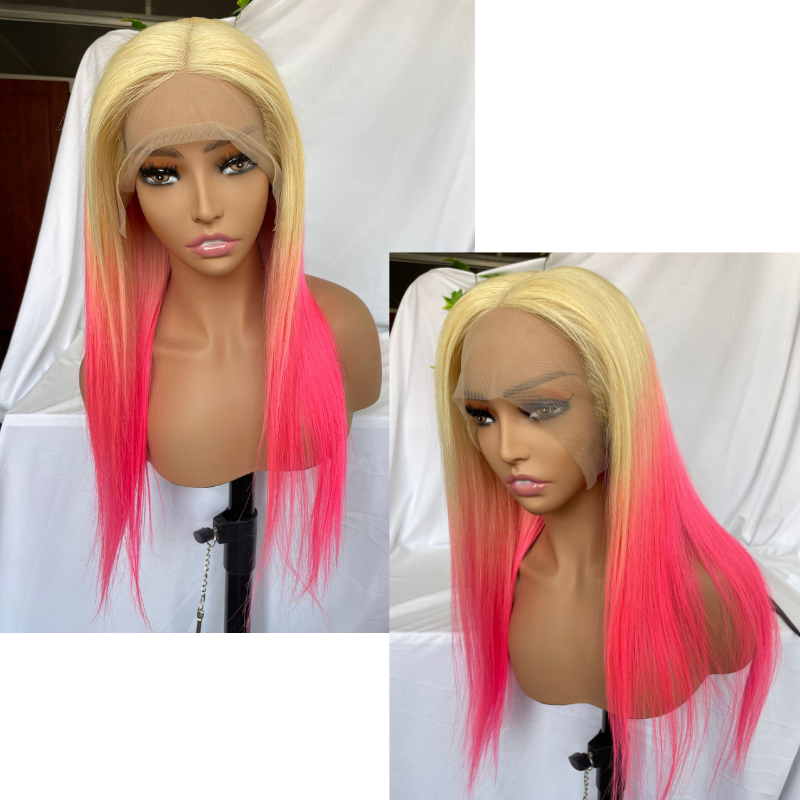 Blonde Ombre Pink Lace Front Human Hair Wigs Straight  Wave 13x4 Lace Frontal Wig Colored Lace Front Wig 150%