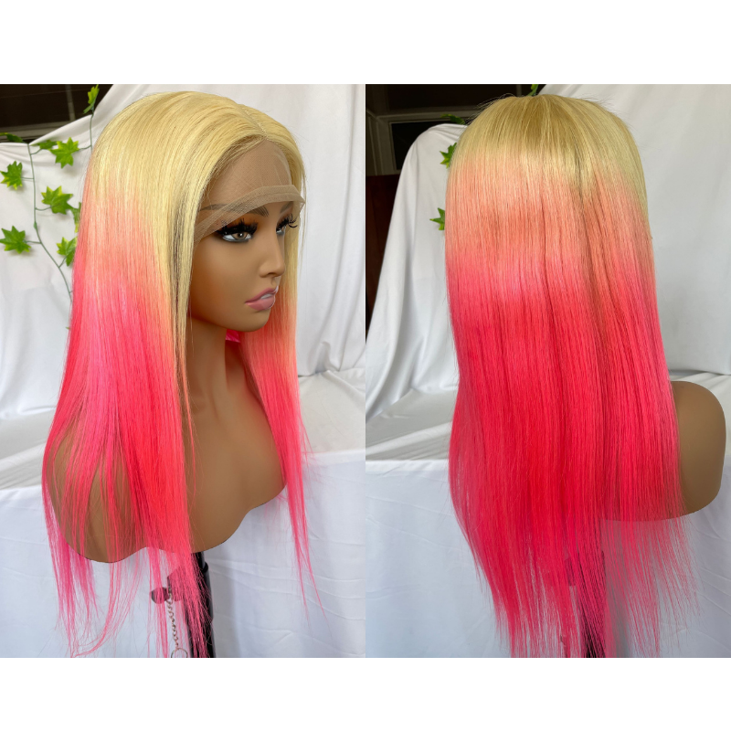 Blonde Ombre Pink Lace Front Human Hair Wigs Straight  Wave 13x4 Lace Frontal Wig Colored Lace Front Wig 150%