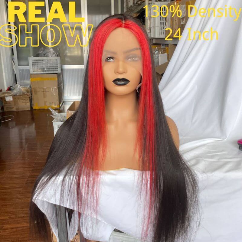 Skunk Stripe Peruvian Hair Lace Front Black Color Red Streak Highlight Wigs