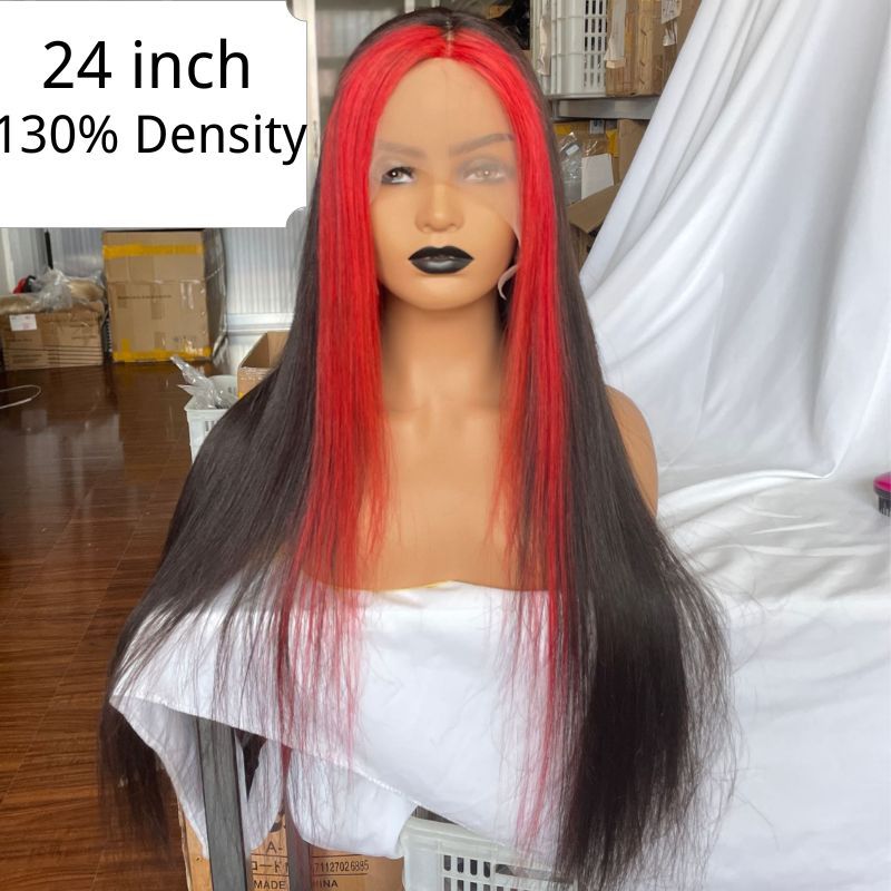 Skunk Stripe Peruvian Hair Lace Front Black Color Red Streak Highlight Wigs