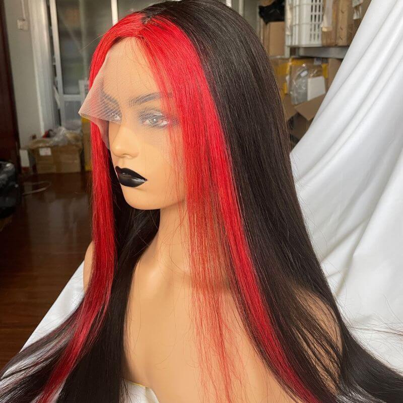 Skunk Stripe Peruvian Hair Lace Front Black Color Red Streak Highlight Wigs