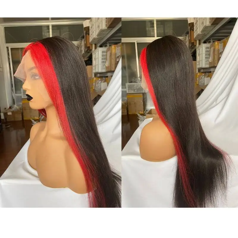 Skunk Stripe Peruvian Hair Lace Front Black Color Red Streak Highlight Wigs