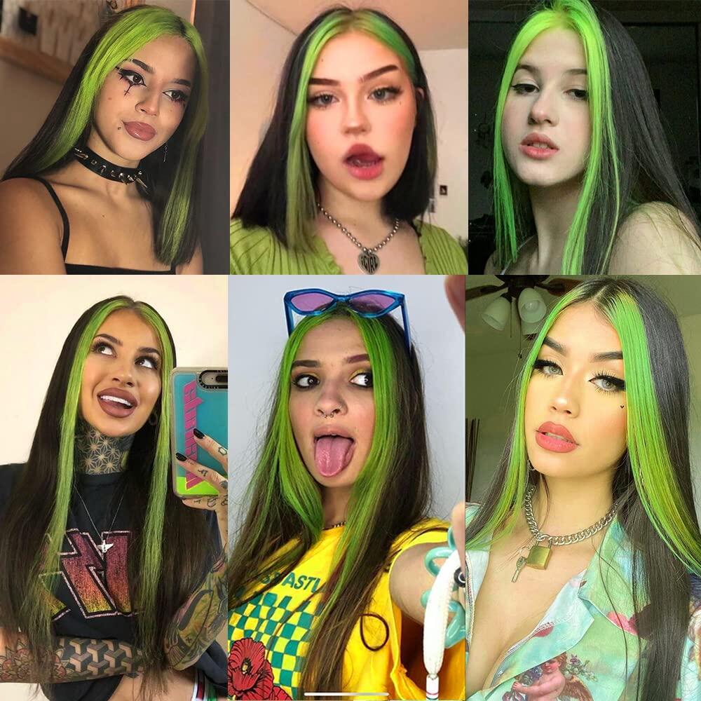 Green/ Black 150% Density Straight Lace Wig Lace Front Human Hair Wigs Skunk Stripe Wigs Brazilian Remy Hair Green Highlight Wigs For Women 8-28 inch