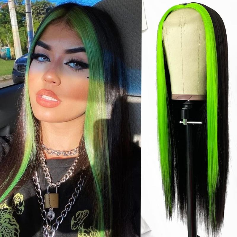 Green/ Black 150% Density Straight Bob Wig Lace Front Human Hair Wigs Skunk Stripe Wigs Brazilian Remy Hair Green Highlight Bob Wigs For Women 8-28 inch