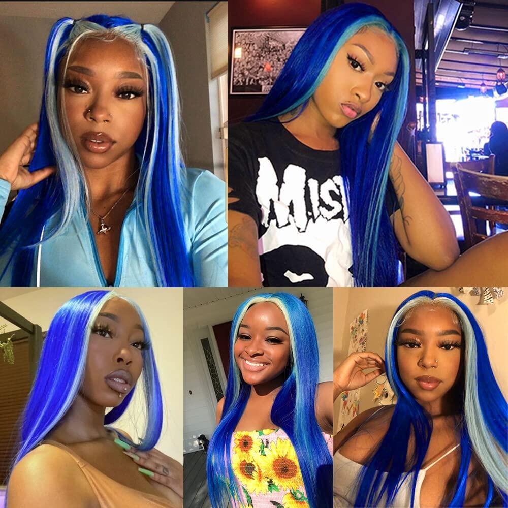 Water Blue and Blue Skunk Stripe Wigs Straight Lace Wig Lace Front Human Hair Wigs Brazilian Remy Hair Blue Highlight Bob Wigs For Women 8-28 inch 150% Density
