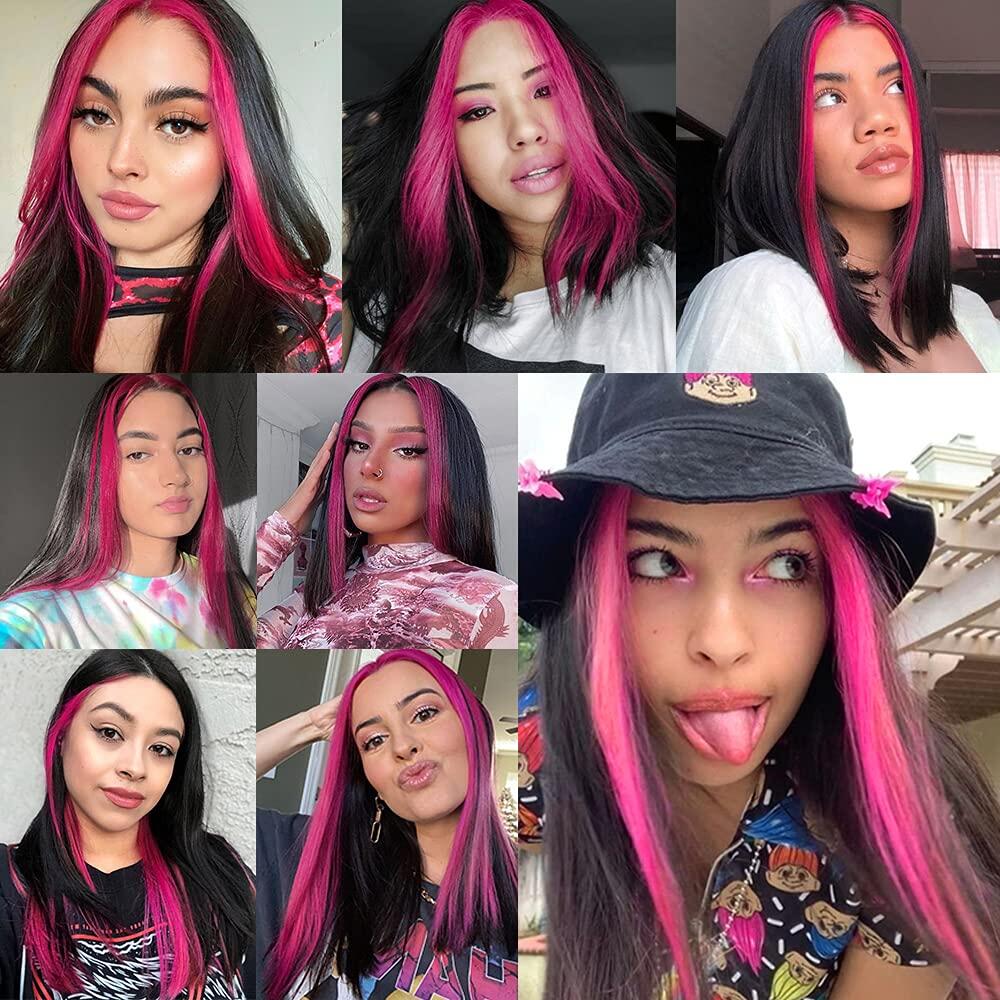 Pink and Black Skunk Stripe Wigs Straight Lace Wig Lace Front Human Hair Wigs Brazilian Remy Hair Pink Highlight Bob Wigs For Women 8-28 inch 150% Density