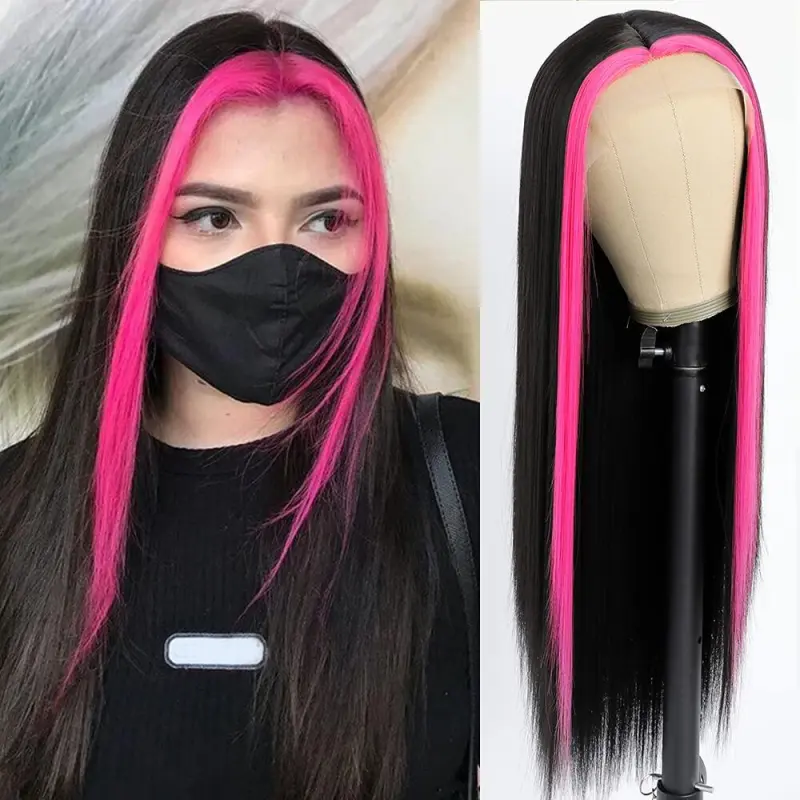 Pink and Black Skunk Stripe Wigs Straight Lace Wig Lace Front Human Hair Wigs Brazilian Remy Hair Green Highlight Bob Wigs For Women 8-28 inch 150% Density