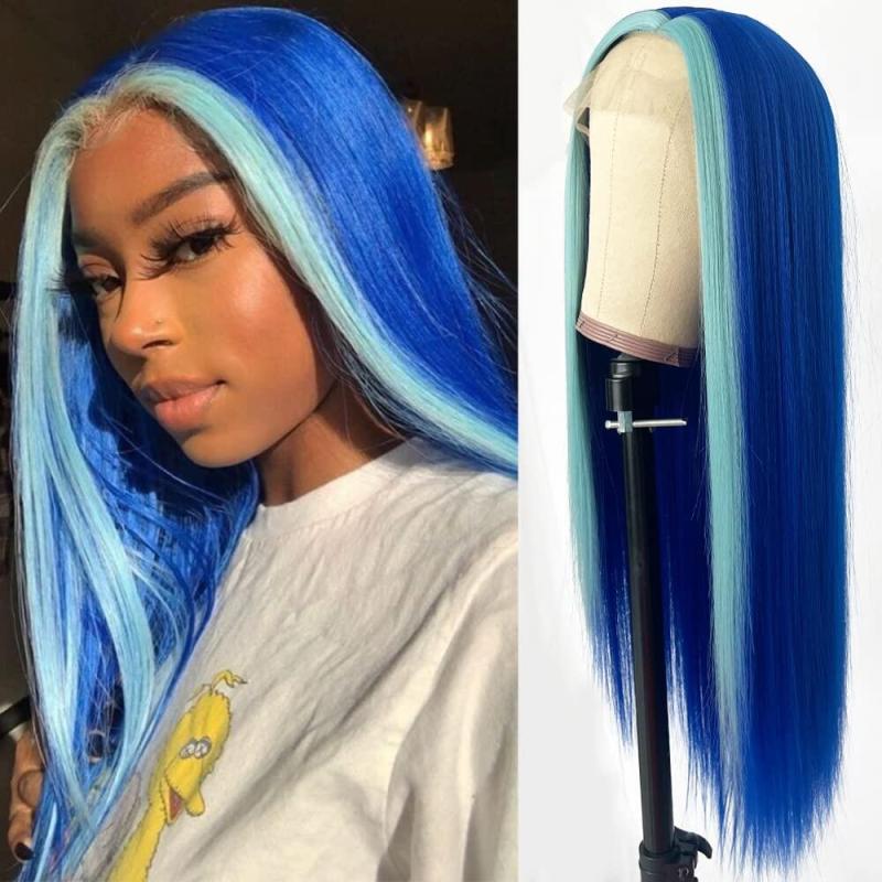 Water Blue and Blue Skunk Stripe Wigs Straight Lace Wig Lace Front Human Hair Wigs Brazilian Remy Hair Blue Highlight Bob Wigs For Women 8-28 inch 150% Density