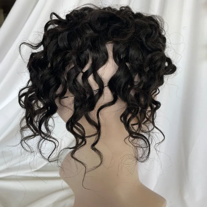 Toupee for Man  Lace Front PU Around Men Toupee Loose Curly 14x19 cm 1B Color 100% Human Hair Replacement Systems