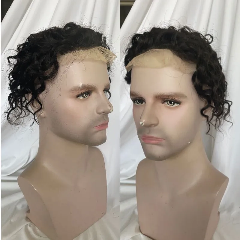 Toupee for Man  Lace Front PU Around Men Toupee Loose Curly 14x19 cm 1B Color 100% Human Hair Replacement Systems