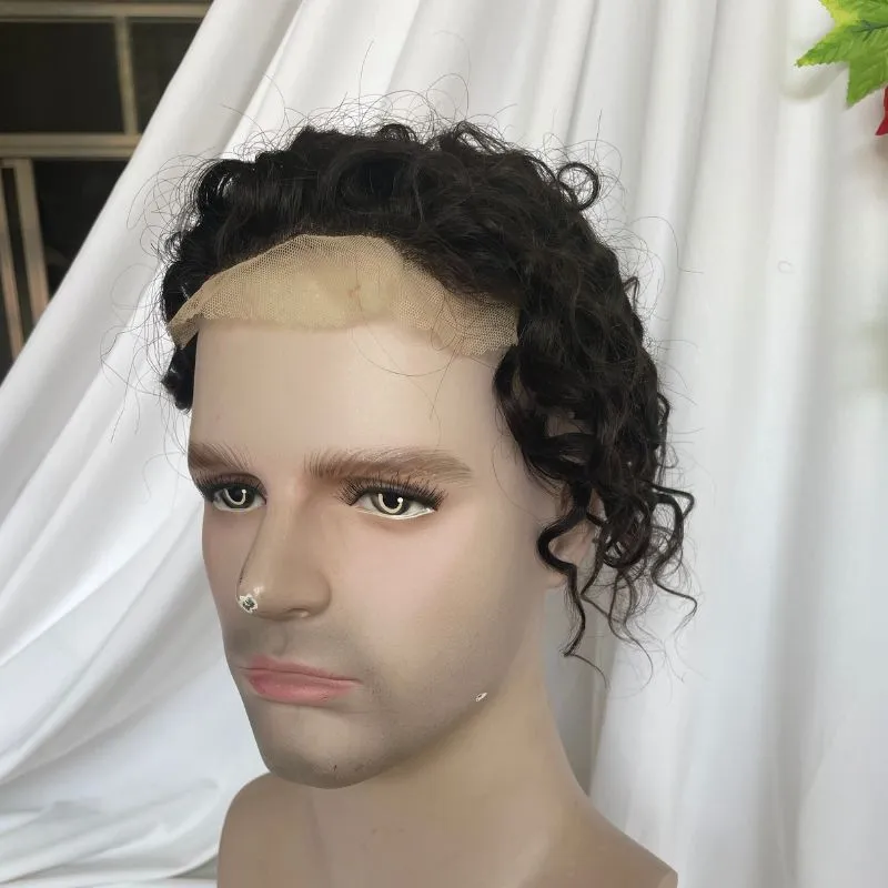 Toupee for Man  Lace Front PU Around Men Toupee Loose Curly 14x19 cm 1B Color 100% Human Hair Replacement Systems