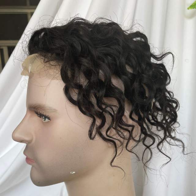 Toupee for Man  Lace Front PU Around Men Toupee Loose Curly 14x19 cm 1B Color 100% Human Hair Replacement Systems