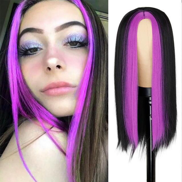 Purple Red / 1B Skunk Stripe Wigs Straight Lace Wig Lace Front Human Hair Wigs Brazilian Remy Hair Highlight Bob Wigs For Women 8-28 inch 150% Density