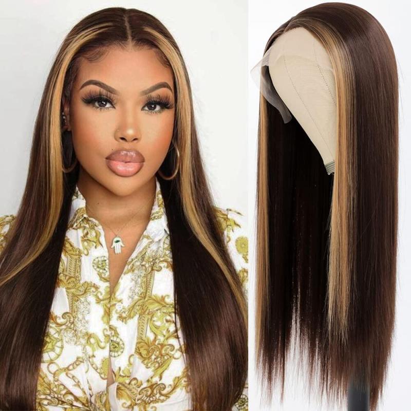 Light and Dark brown /Chocolate Color  Skunk Stripe Wigs Straight Lace Wig Lace Front Human Hair Wigs Brazilian Remy Hair  Ombre Highlight Wigs For Women 8-28 inch 150% Density