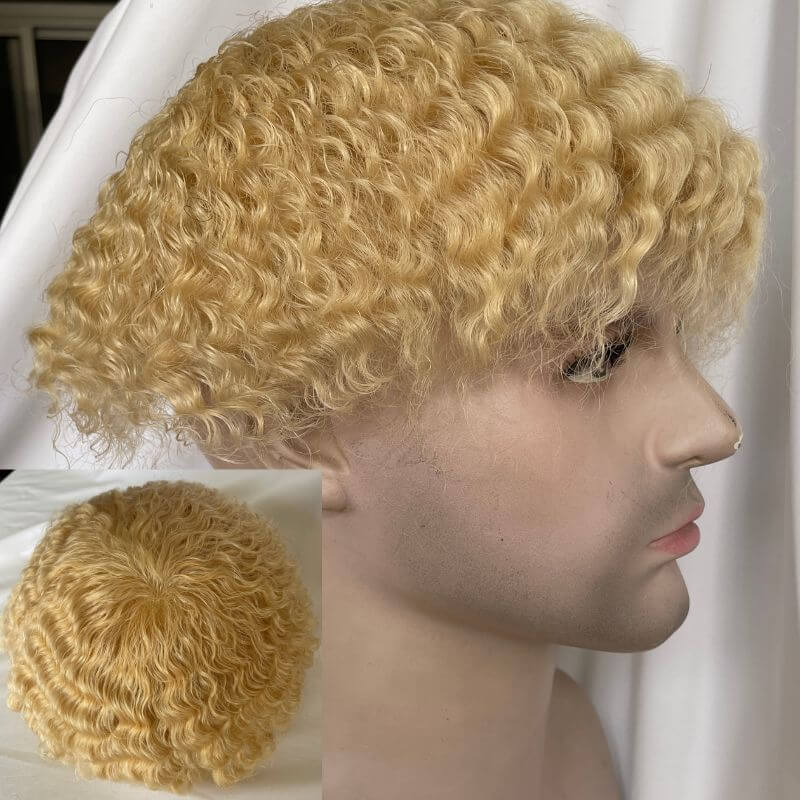 #613 Blonde Mens Wigs Toupees Human Hair Full Lace 360 Weave Curly Man Unit 8x10inch Kinky Curl Toupee for Black Men Swiss Lace Hair System  Men Toupee Hair Wigs