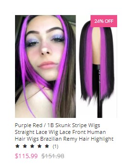 Purple Red / 1B Skunk Stripe Wigs Straight Lace Wig Lace Front Human Hair Wigs Brazilian Remy Hair Highlight Bob Wigs For Women 8-28 inch 150% Density