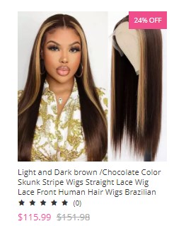 Light and Dark brown /Chocolate Color Skunk Stripe Wigs Straight Lace Wig Lace Front Human Hair Wigs Brazilian Remy Hair Ombre Highlight Wigs For Women 8-28 inch 150% Density