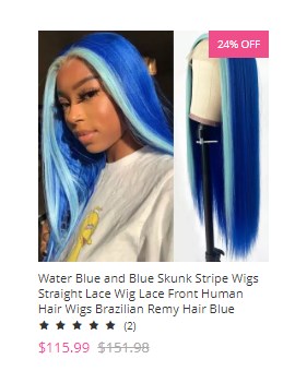 Water Blue and Blue Skunk Stripe Wigs Straight Lace Wig Lace Front Human Hair Wigs Brazilian Remy Hair Blue Highlight Bob Wigs For Women 8-28 inch 150% Density