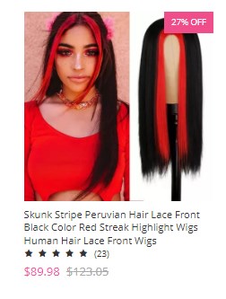 Skunk Stripe Peruvian Hair Lace Front Black Color Red Streak Highlight Wigs Human Hair Lace Front Wigs