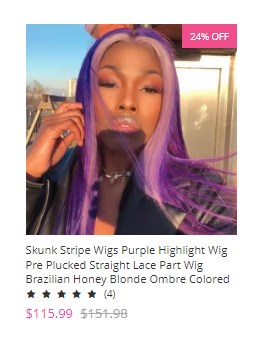 Skunk Stripe Wigs Purple Highlight Wig Pre Plucked Straight Lace Part Wig Brazilian Honey Blonde Ombre Colored Human Hair Wigs 150%