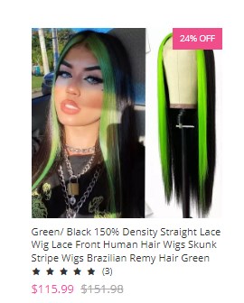 Green/ Black 150% Density Straight Lace Wig Lace Front Human Hair Wigs Skunk Stripe Wigs Brazilian Remy Hair Green Highlight Wigs For Women 8-28 inch