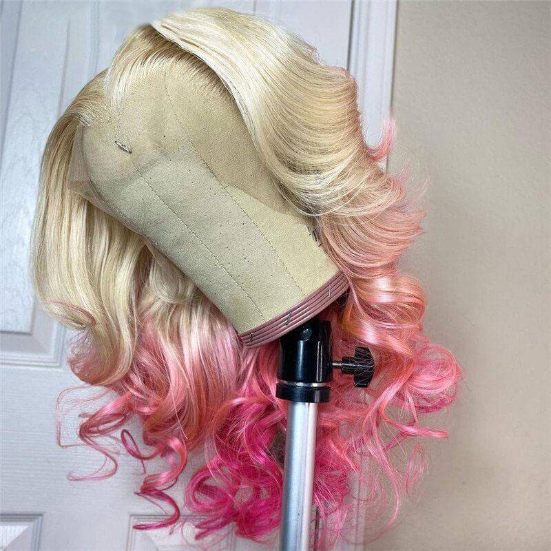 Blonde Ombre Pink Lace Front Human Hair Wigs Body Wave 13x4 Lace Frontal Wig 28inch Long Wavy Colored Lace Front Wig 150%