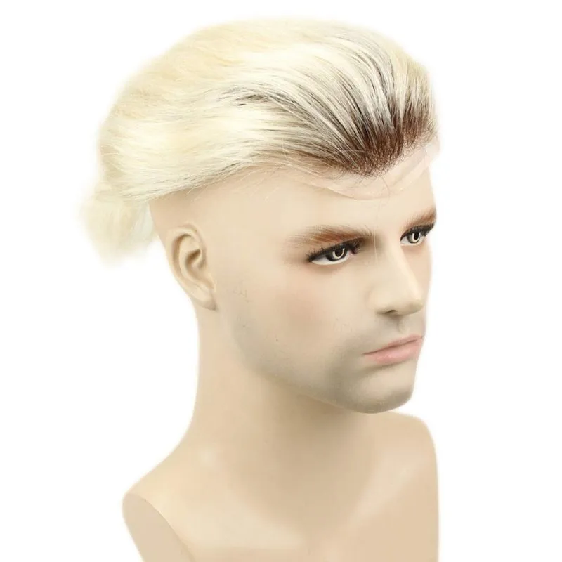 Ombre T60 Platinum Blonde and Black 6-7 Inch 100% Human Hair Men's Toupee Super Thin Mono Lace with PU Around Ombre Blonde 60 Color10" x 8" Toupee