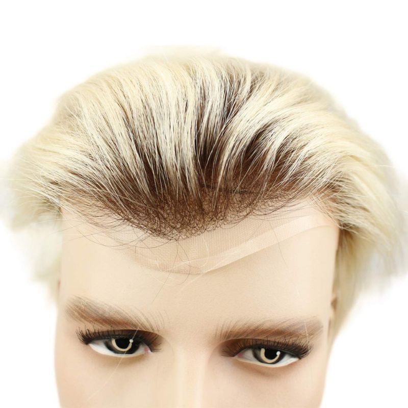 Ombre T60 Platinum Blonde and Black 6-7 Inch 100% Human Hair Men's Toupee Super Thin Mono Lace with PU Around Ombre Blonde 60 Color10" x 8" Toupee