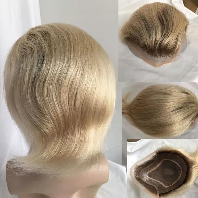 Ombre T60 Platinum Blonde and Black 6-7 Inch 100% Human Hair Men's Toupee Super Thin Mono Lace with PU Around Ombre Blonde 60 Color10" x 8" Toupee