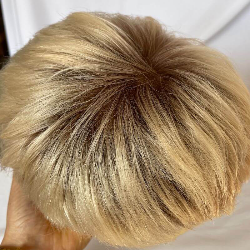 100% Human Hair Men's Toupee Ombre T60 Platinum Blonde and Black 3 Inch After Cut New Hairstyles Men's Toupee Super Thin Mono Lace with PU Around Ombre Blonde 60 Color10" x 8" Toupee